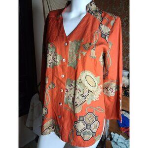 Citron Santa Monica Silk Linen Blouse Shirt Asian Print Size S
